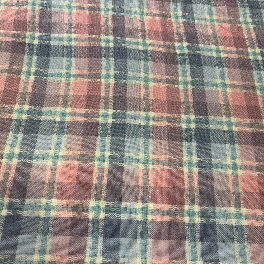 Vintage Faribo Plaid Blue Pink Pastel Wool Blend Blanket USA Satin Edge 80x74.5